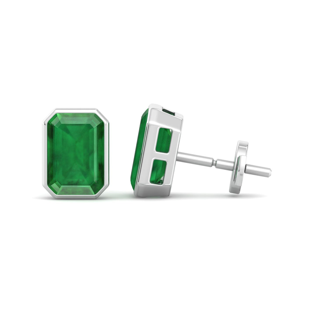 Chia - Emerald Cut Emerald Bezel Set Earrings - Gem Jewelers Co