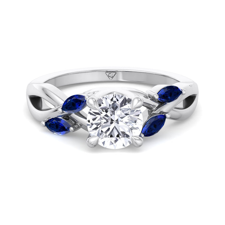 Sfera (2.85CT T.W.) - Round Cut Diamond Engagement Ring with Blue Sapphire Marquise Shape Sidestones - Gem Jewelers Co