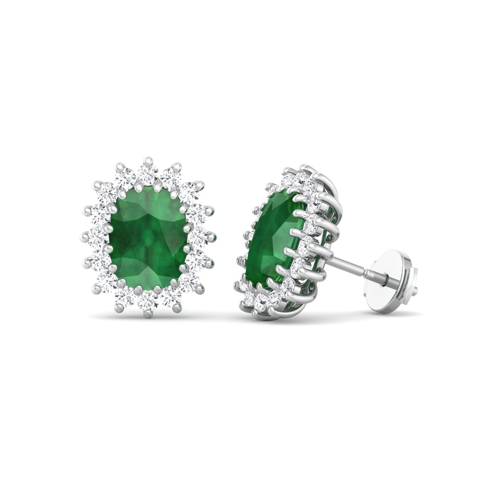 Pino - Oval Cut Emerald and Diamond Halo Flower Style Earrings - Gem Jewelers Co