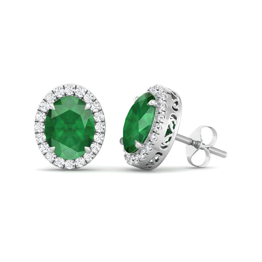 Foglia - Oval Cut Emerald and Diamond Halo Earrings - Gem Jewelers Co
