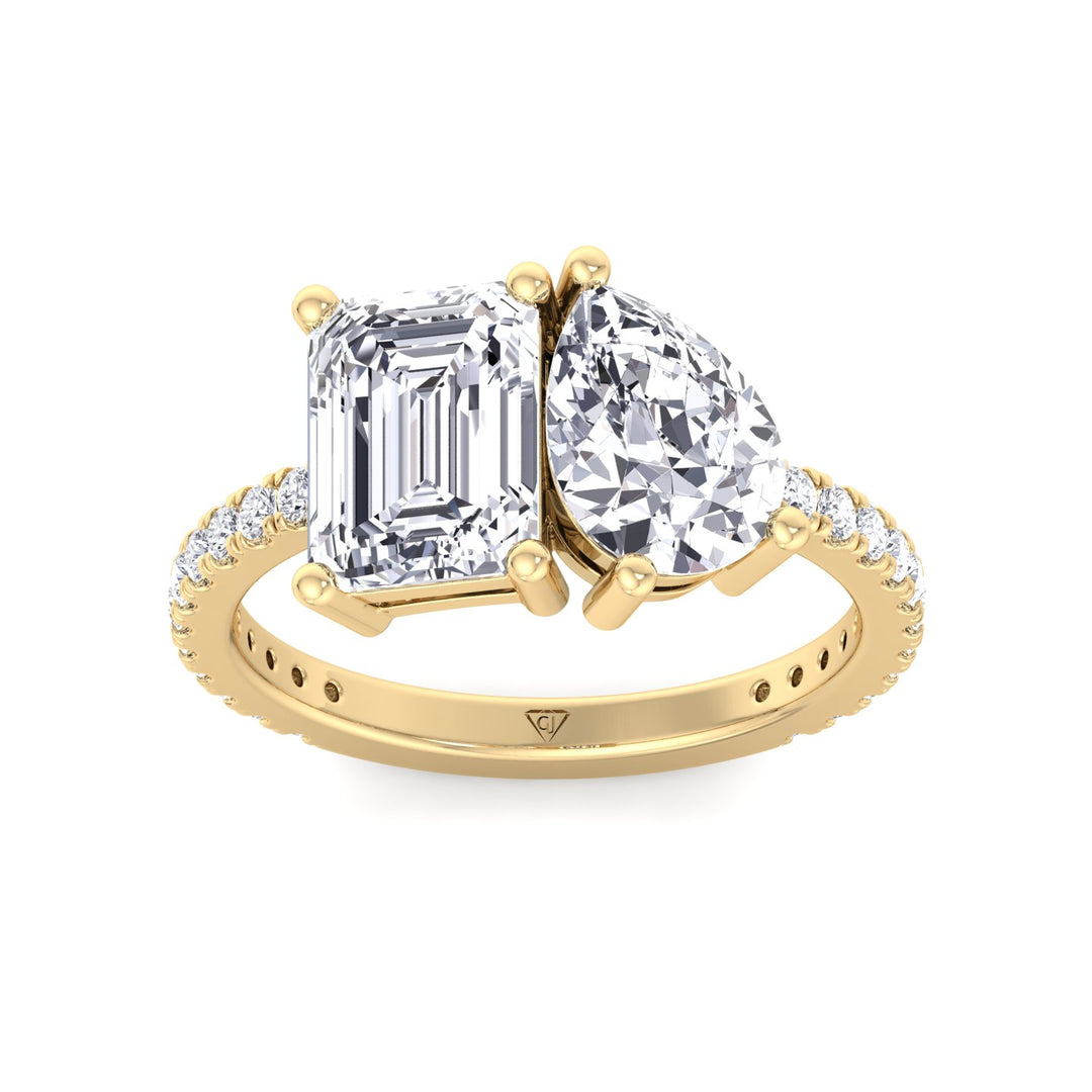 Evie - Emerald & Pear Shape Diamond Engagement Ring With Pave Band - Gem Jewelers Co