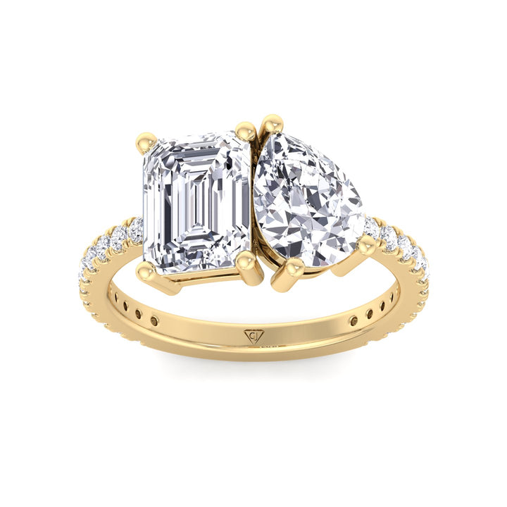 Evie - Emerald & Pear Shape Diamond Engagement Ring With Pave Band - Gem Jewelers Co