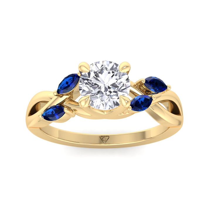 Sfera (2.85CT T.W.) - Round Cut Diamond Engagement Ring with Blue Sapphire Marquise Shape Sidestones - Gem Jewelers Co