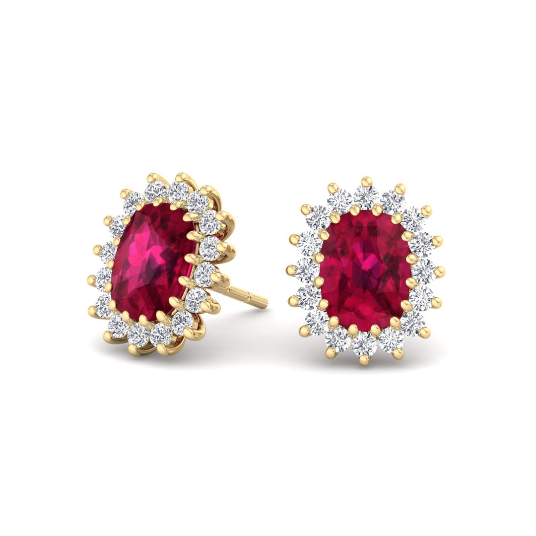 Flamme - Oval Cut Ruby and Diamond Halo Flower Style Earrings - Gem Jewelers Co