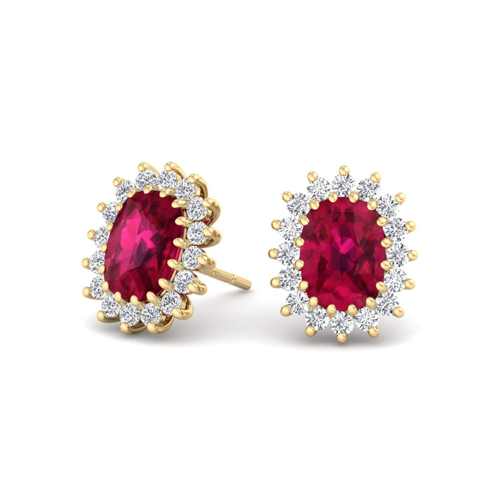 Flamme - Oval Cut Ruby and Diamond Halo Flower Style Earrings - Gem Jewelers Co