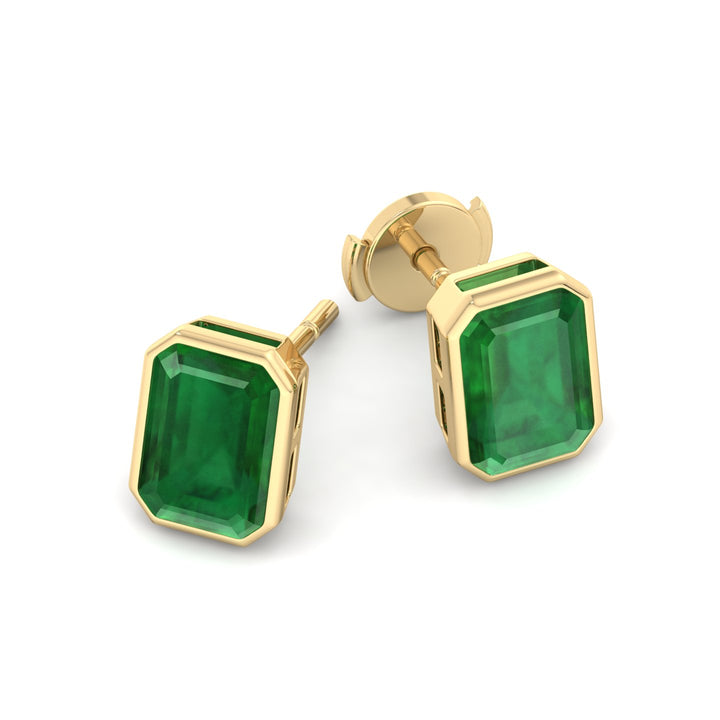 Chia - Emerald Cut Emerald Bezel Set Earrings - Gem Jewelers Co