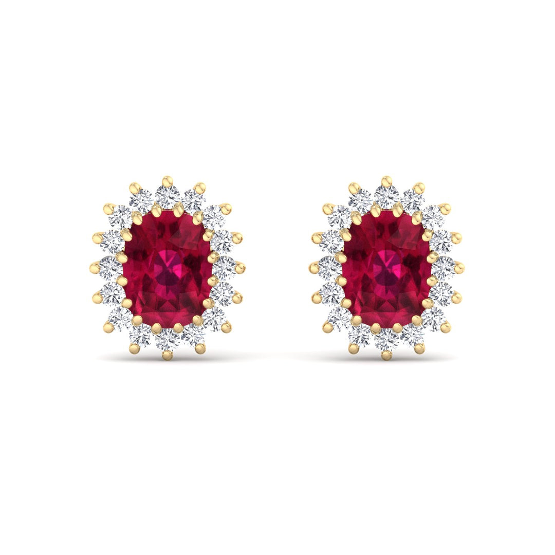 Flamme - Oval Cut Ruby and Diamond Halo Flower Style Earrings - Gem Jewelers Co