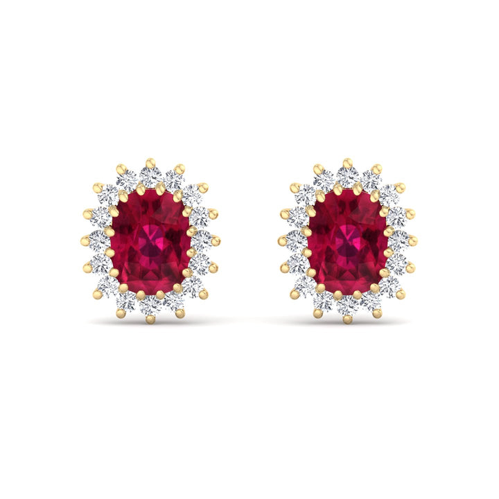 Flamme - Oval Cut Ruby and Diamond Halo Flower Style Earrings - Gem Jewelers Co