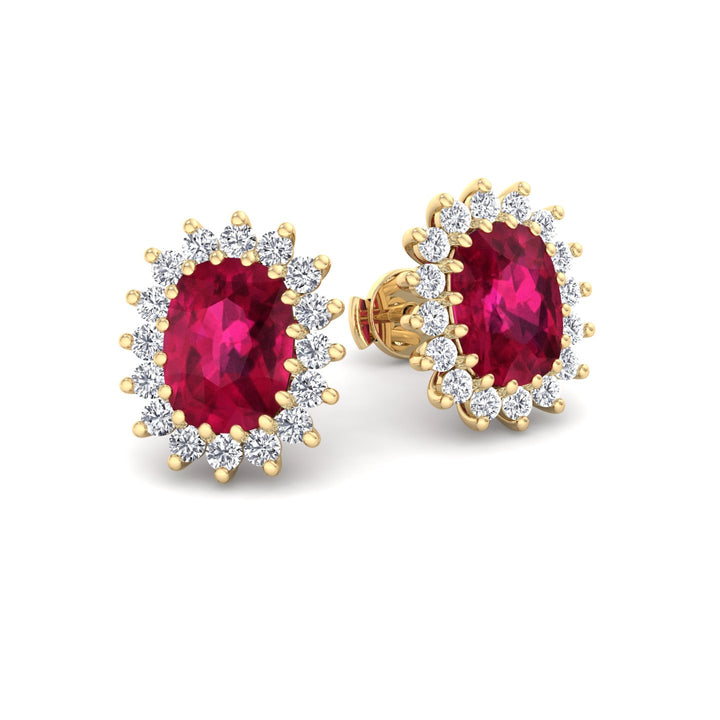 Flamme - Oval Cut Ruby and Diamond Halo Flower Style Earrings - Gem Jewelers Co