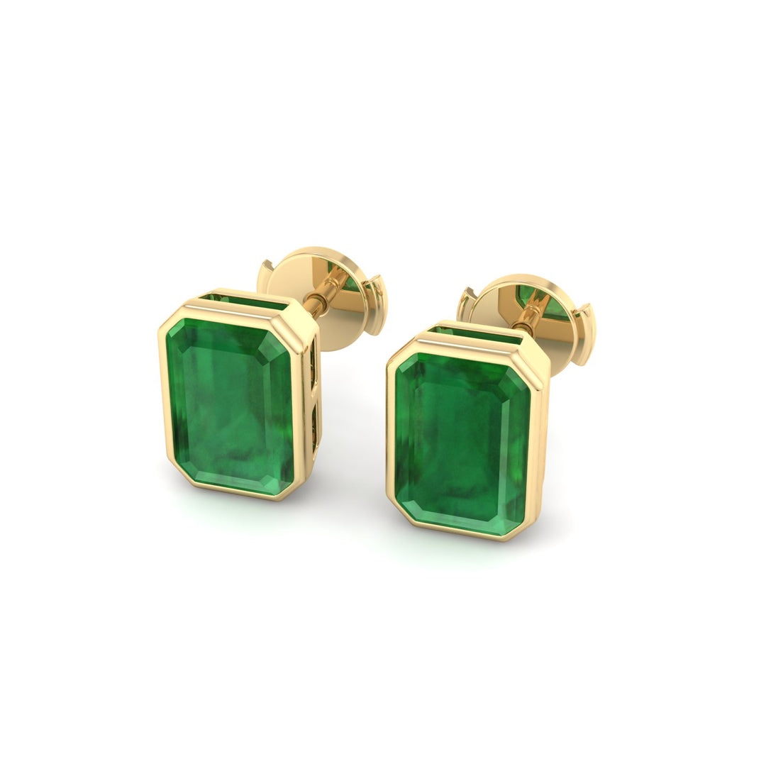Chia - Emerald Cut Emerald Bezel Set Earrings - Gem Jewelers Co