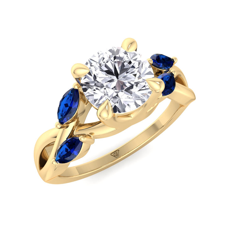 Sfera (2.85CT T.W.) - Round Cut Diamond Engagement Ring with Blue Sapphire Marquise Shape Sidestones - Gem Jewelers Co