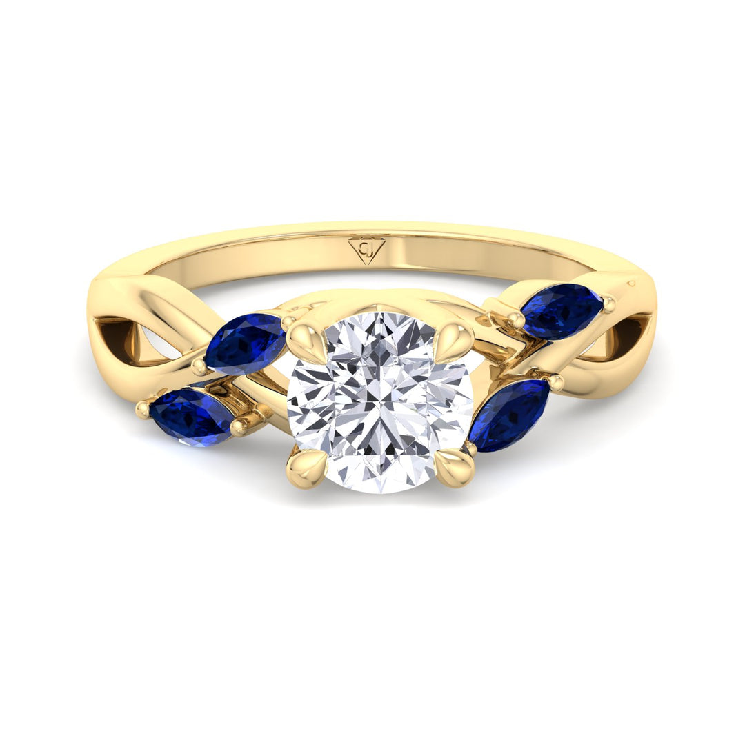 Sfera (2.85CT T.W.) - Round Cut Diamond Engagement Ring with Blue Sapphire Marquise Shape Sidestones - Gem Jewelers Co