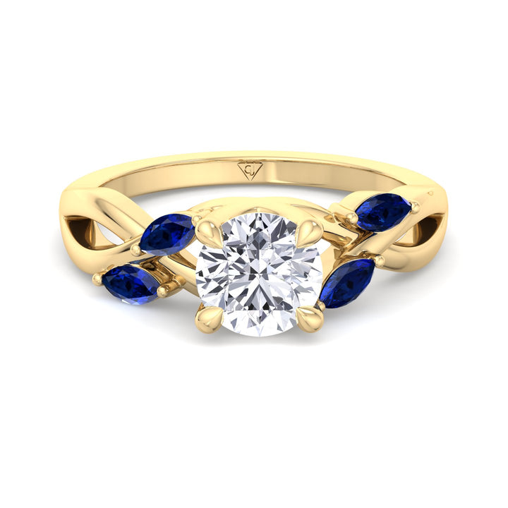 Sfera (2.85CT T.W.) - Round Cut Diamond Engagement Ring with Blue Sapphire Marquise Shape Sidestones - Gem Jewelers Co