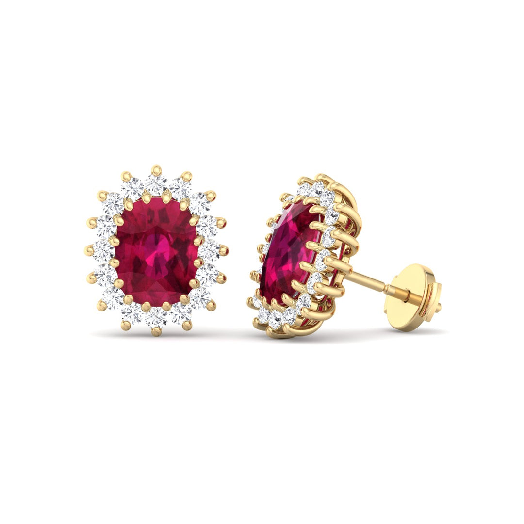 Flamme - Oval Cut Ruby and Diamond Halo Flower Style Earrings - Gem Jewelers Co