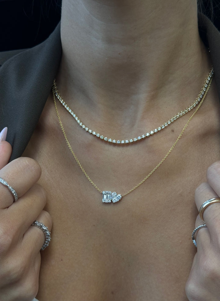 0.75Ct Heart & Emerald Shape Cluster Diamond Pendant Necklace, Yellow, On Neck