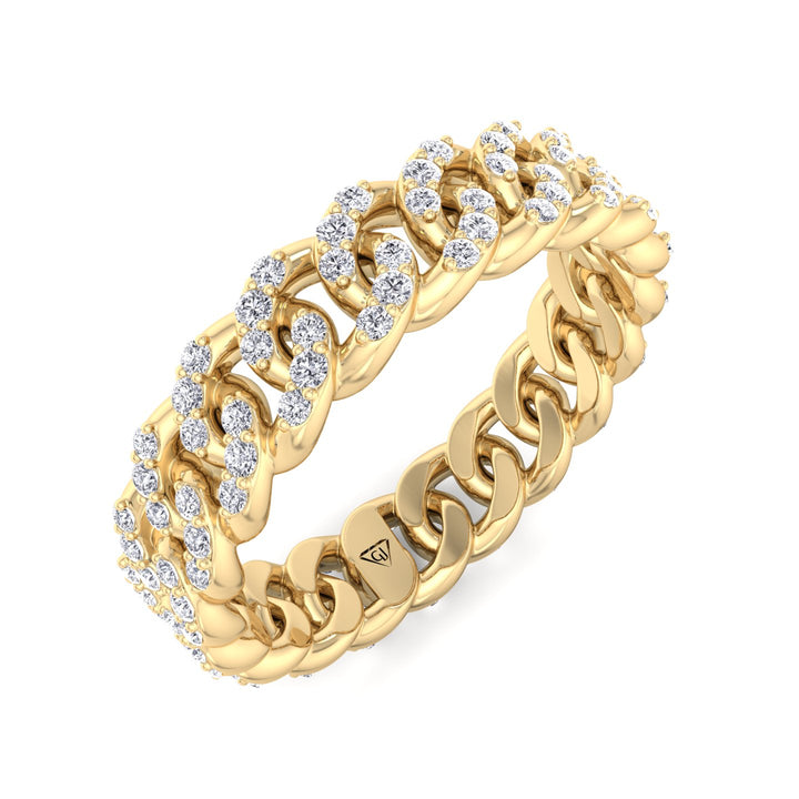 1.23CT Diamond Pave Cuban Link Yellow Gold Ring, Top Down