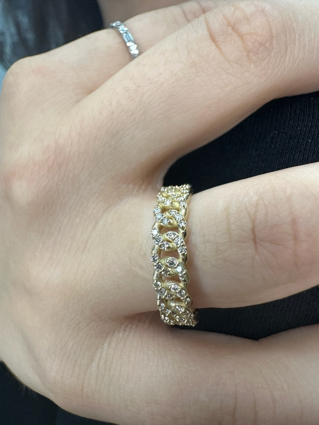 1.23 CT Diamond Pave Cuban Link Yellow Gold Ring, Up Close