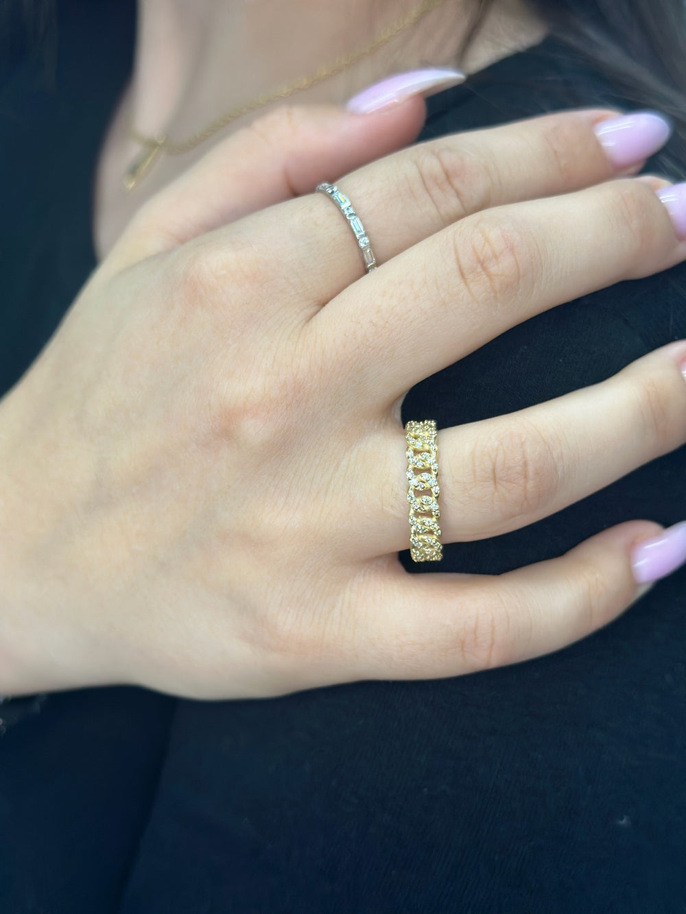 1.23 CT Diamond Pave Cuban Link Yellow Gold Ring on Hand