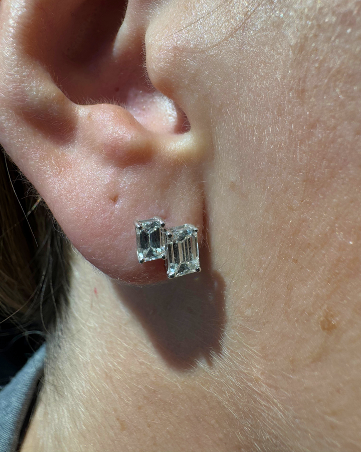 Double Emerald Shape Natural Diamond Studs