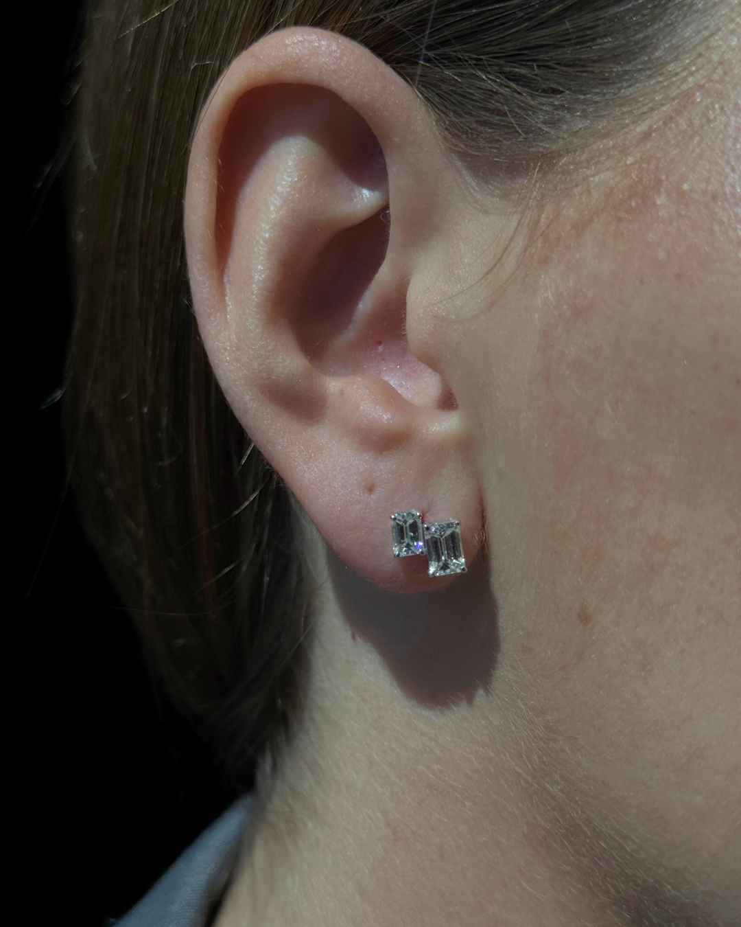 Double Emerald Shape Natural Diamond Studs