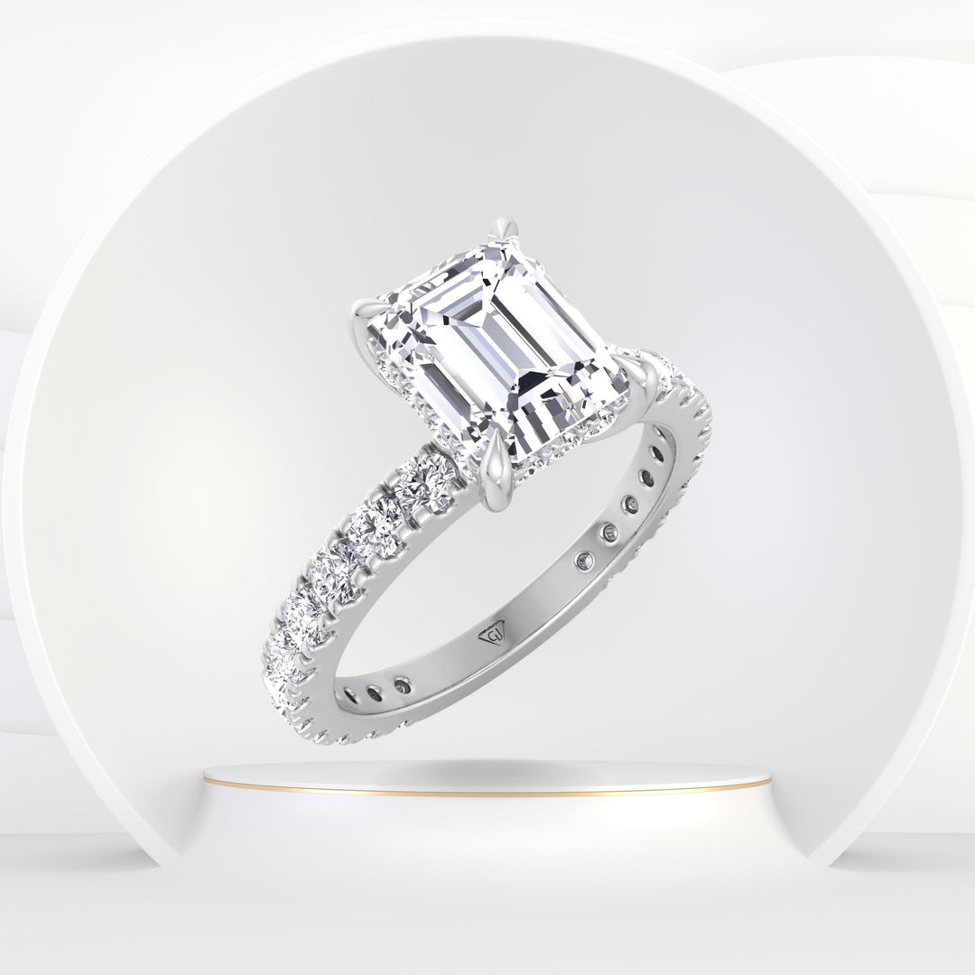 Leeds- Emerald Cut Diamond Engagement Ring with Hidden Halo and Side-stones