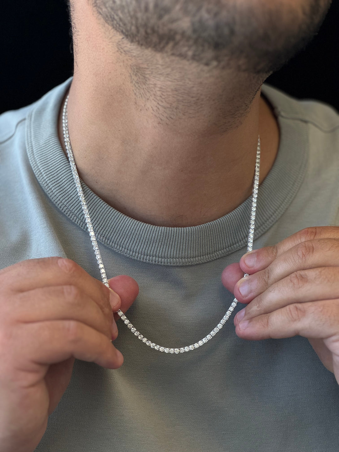 12CT Men's Natural Diamond Tennis Necklace Chain, Model Showing