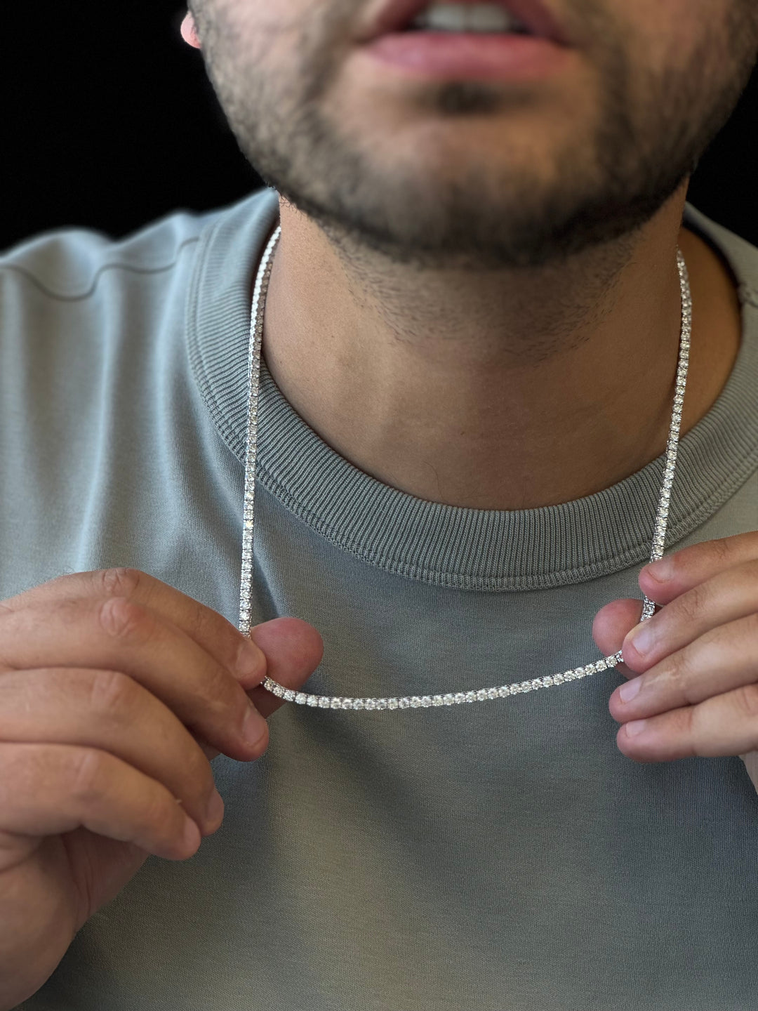 12CT Mens Natural Diamond Tennis Necklace Chain White, Model Holding