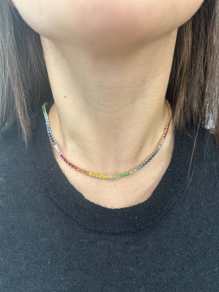 13.02CT Multicolor Sapphire Tennis Necklace, On Neck
