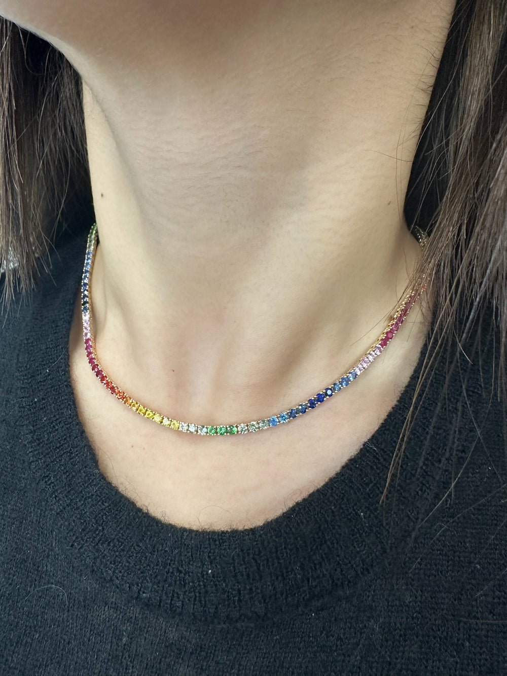 13.02CT Rainbow Multicolor Sapphire Tennis Necklace, On Neck