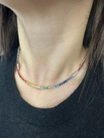 13.02CT Rainbow Multicolor Sapphire Tennis Necklace, On Neck