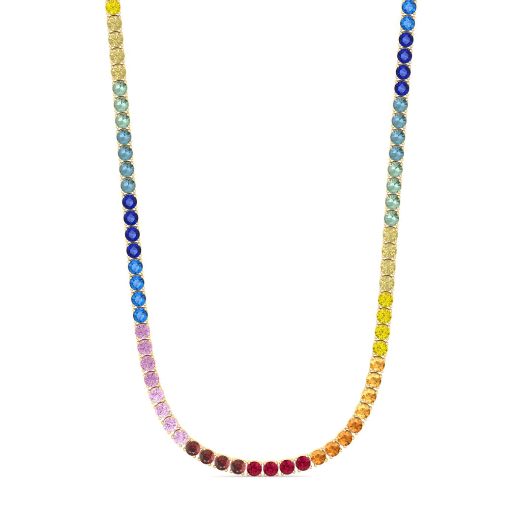 13.02CT Rainbow Multicolor Sapphire Tennis Necklace, Yellow Gold