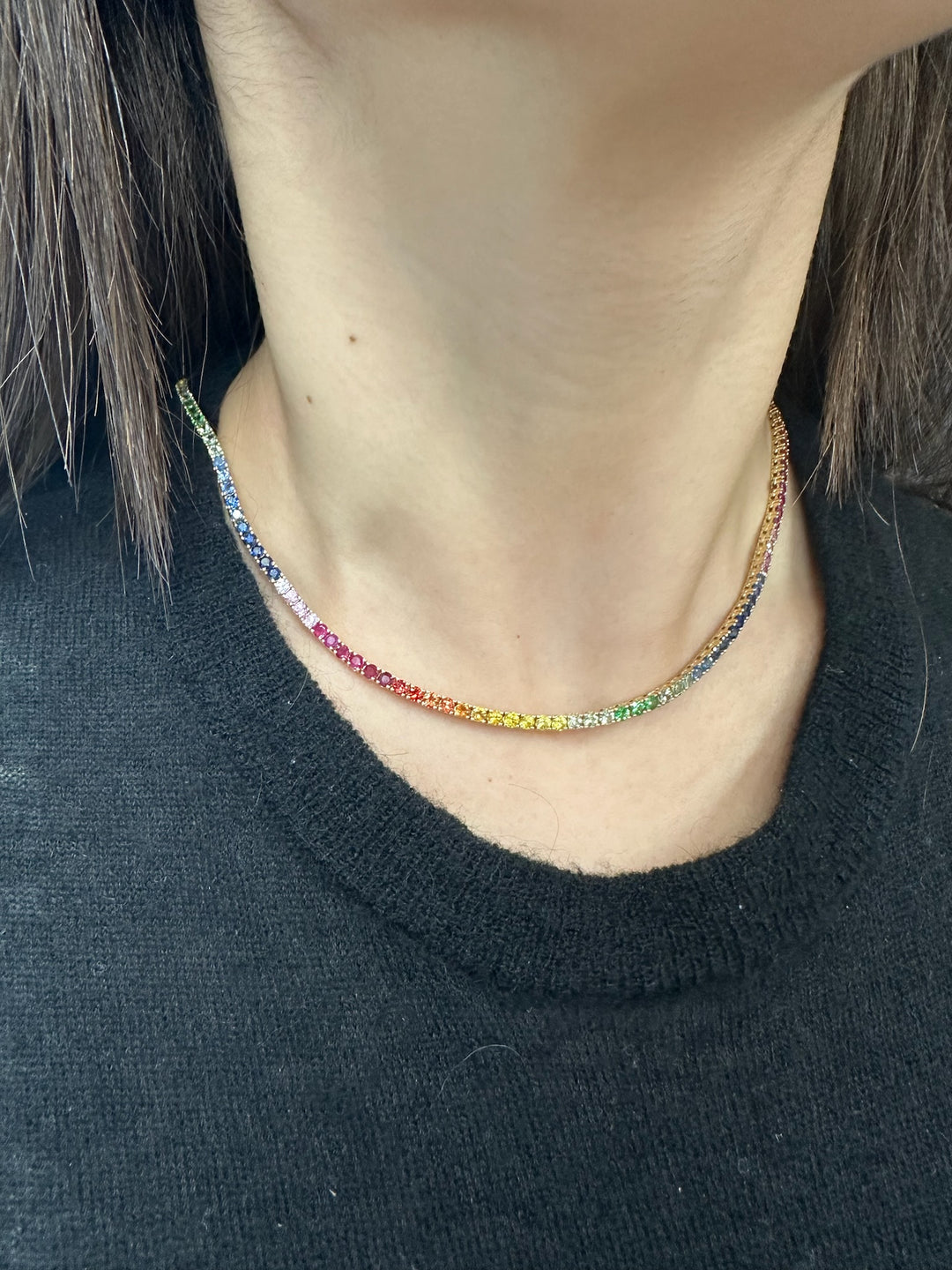 13.02CT Rainbow Multicolor Sapphire Tennis Necklace, Yellow, Neck