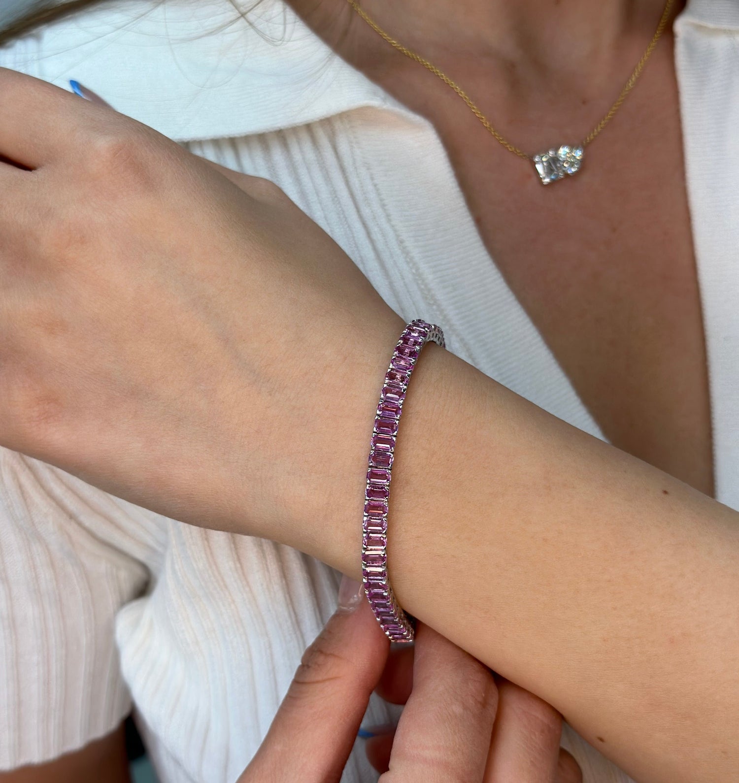 15CT Emerald Cut Natural Pink Sapphire Tennis Bracelet, On Hand