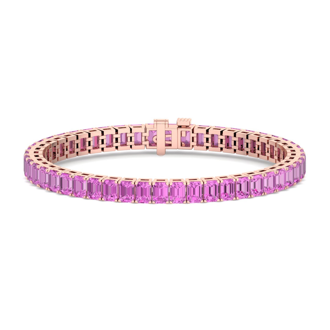 15CT Emerald Cut Natural Pink Sapphire Tennis Bracelet, Rose Gold