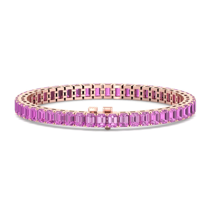 15CT Emerald Cut Natural Pink Sapphire Tennis Bracelet, Rose Gold Front