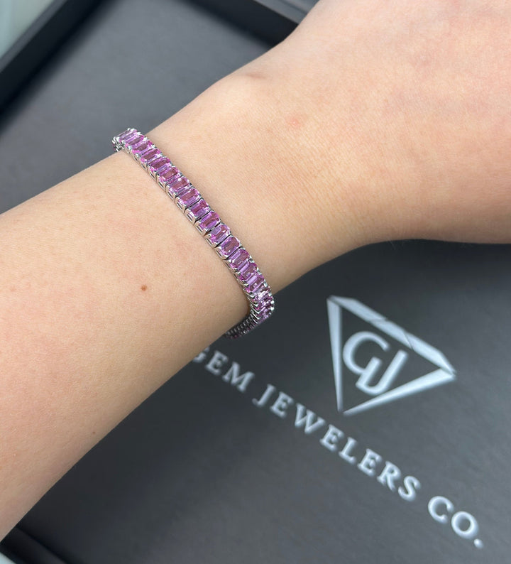 15CT Emerald Cut Natural Pink Sapphire Tennis Bracelet, Top