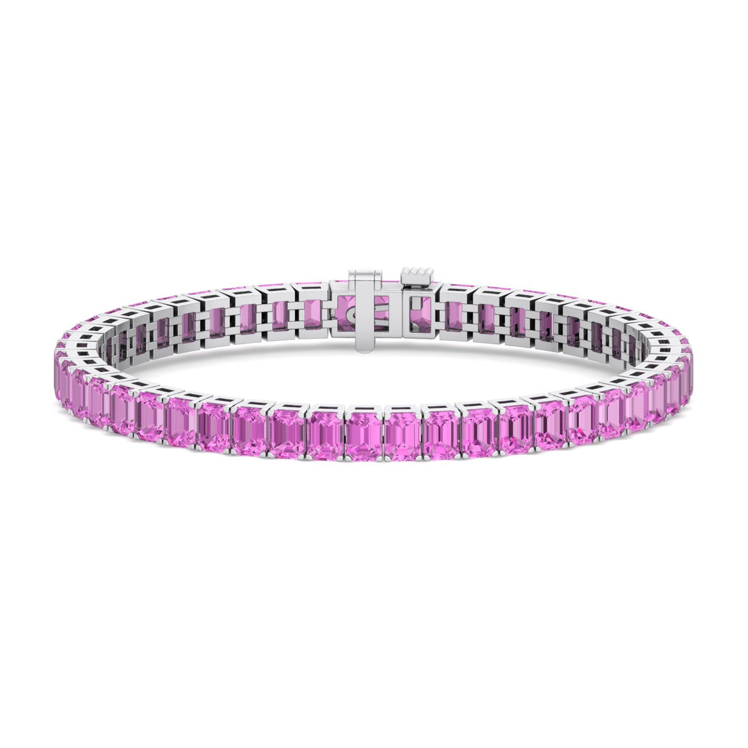 15CT Emerald Cut Natural Pink Sapphire Tennis Bracelet, White Gold 