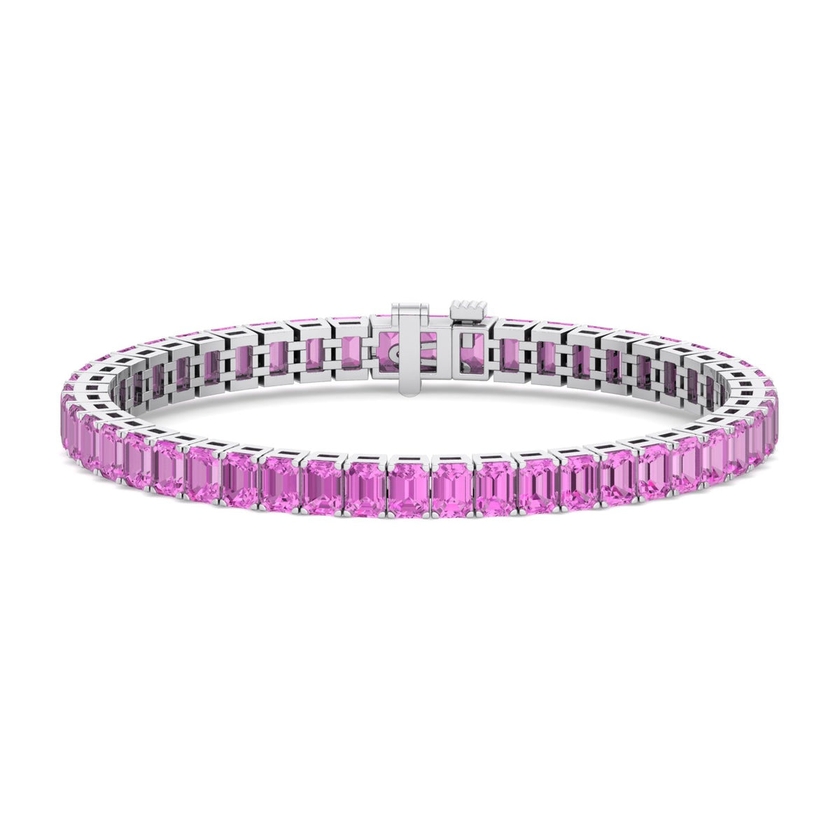15CT Emerald Cut Natural Pink Sapphire Tennis Bracelet, White Gold 