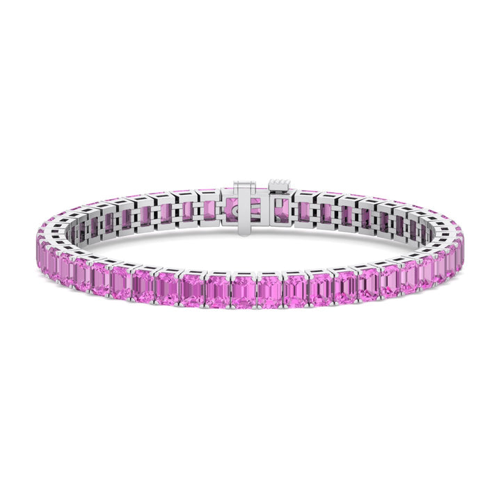 15CT Emerald Cut Natural Pink Sapphire Tennis Bracelet, White Gold 