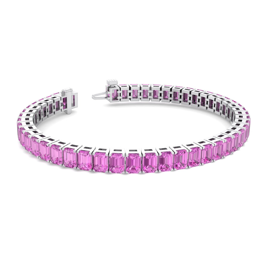 15CT Emerald Cut Natural Pink Sapphire Tennis Bracelet, White Gold, Unhooked
