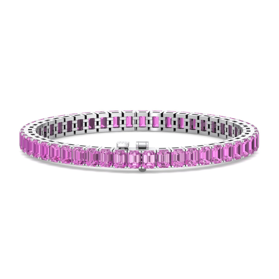 15CT Emerald Natural Pink Sapphire Tennis Bracelet, White Gold, Front