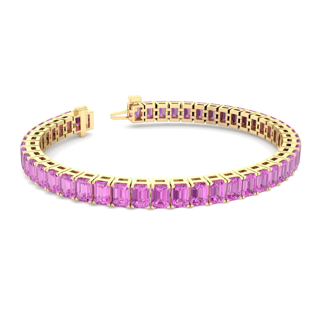 15CT Emerald Natural Pink Sapphire Tennis Bracelet, Yellow Gold, Unhooked