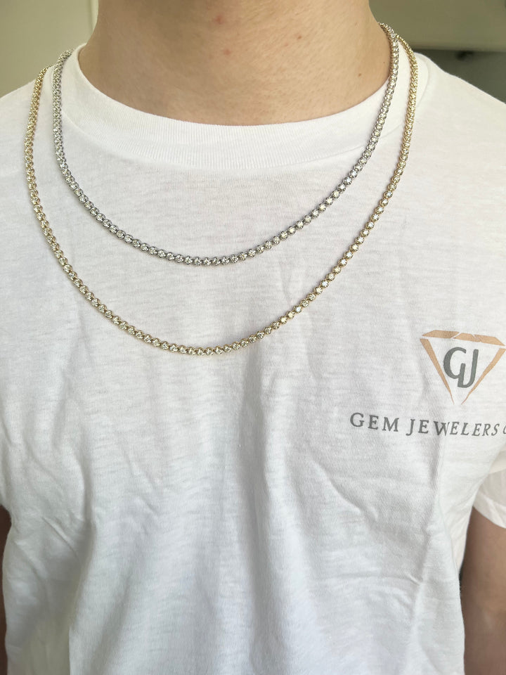 15CT Men's Natural Diamond Tennis Necklace Chain Gold, Model Wearing