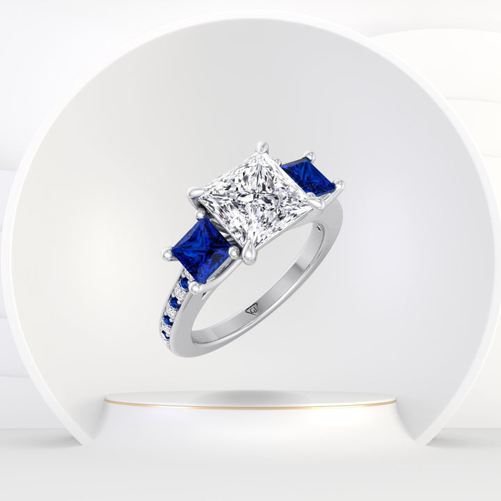Sarno - (3.20Ct T.W.) Princess Cut Diamond Engagement Ring with Blue Sapphire Sidestones