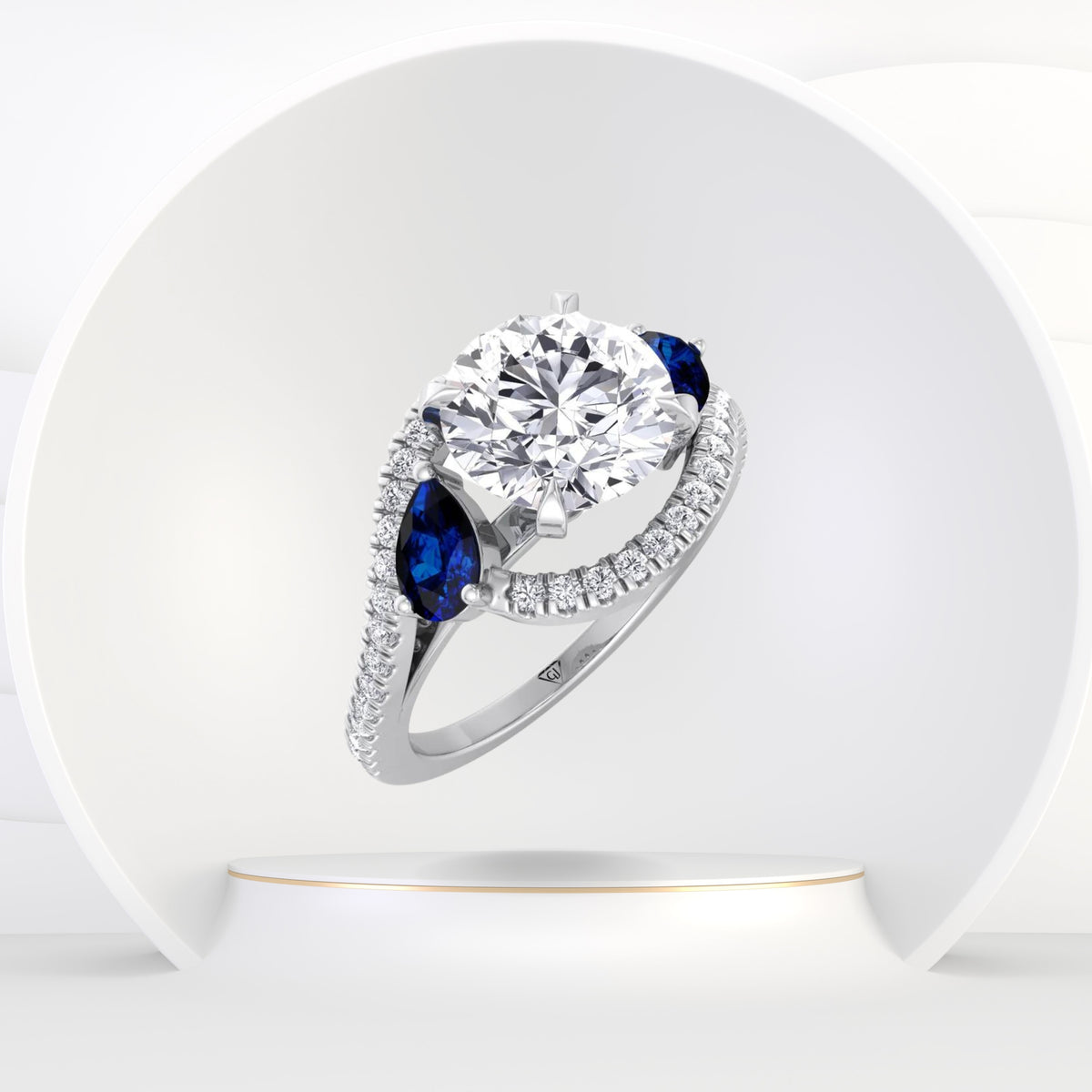 Bora - (2.85CT T.W.) Round Cut Diamond Engagement Ring with Halo & Blue Sapphire Pear Shape Sidestones - Gem Jewelers Co