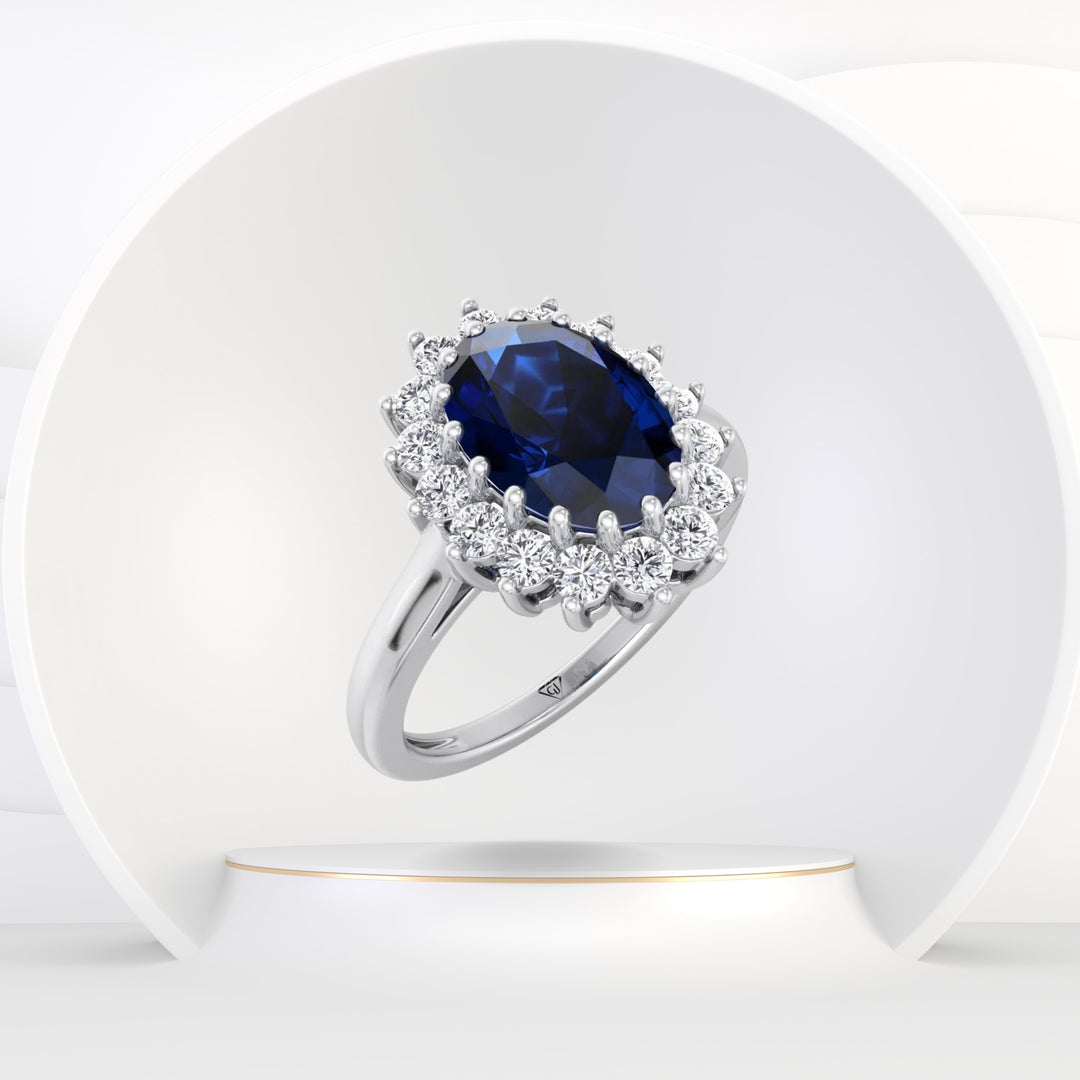 Belle - (3.85CT T.W.) Oval Cut Blue Sapphire & Halo Diamond Engagement Ring