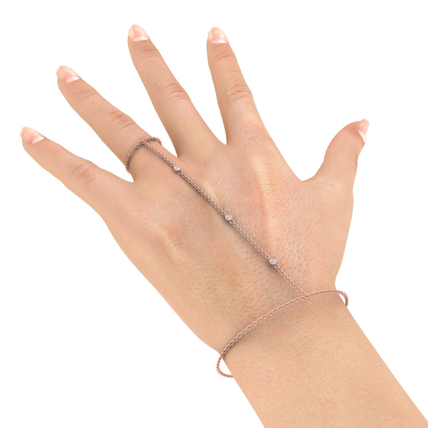 Bezel Set Round Shape Natural Diamond Hand Ring Chain Rose 