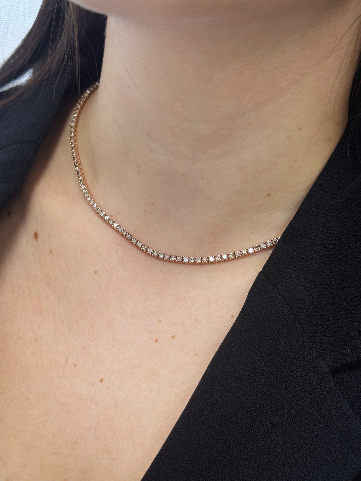 4 Prong Champagne Diamond Tennis Necklace 18K Solid Gold