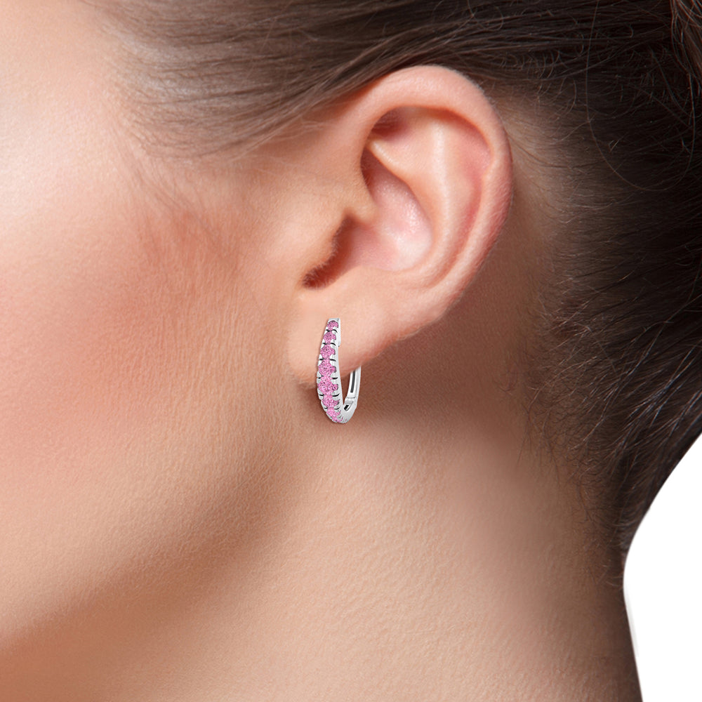 Natural Pink Sapphire Graduated Round Shape Huggie Hoop Earrings lifestyle WG