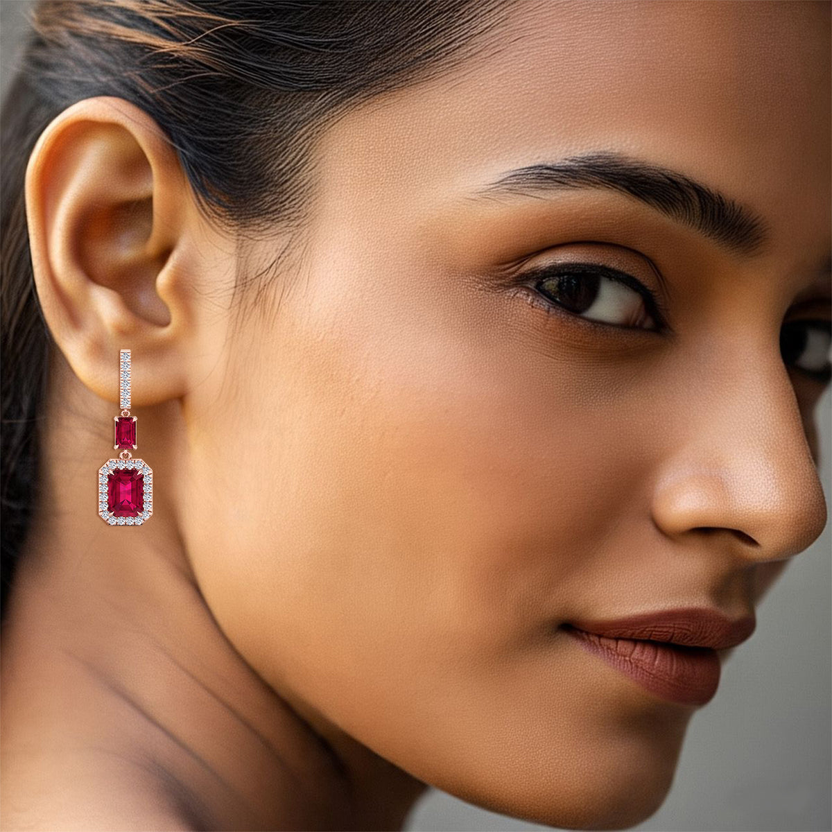 Natural Red Ruby Emerald Shape & Diamond Drop Earrings- Rose Gold 